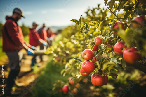 A team of workers picking ripe apples in a vast orchard background with empty space for text 