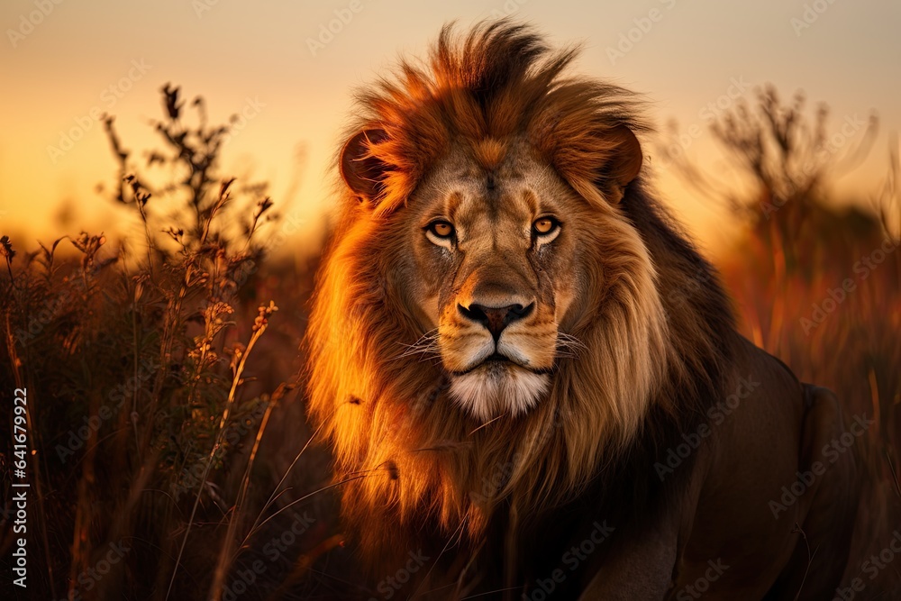 male lion in the wild at sunrise - majestic predator - safari adventure - wildlife encounter - generative ai