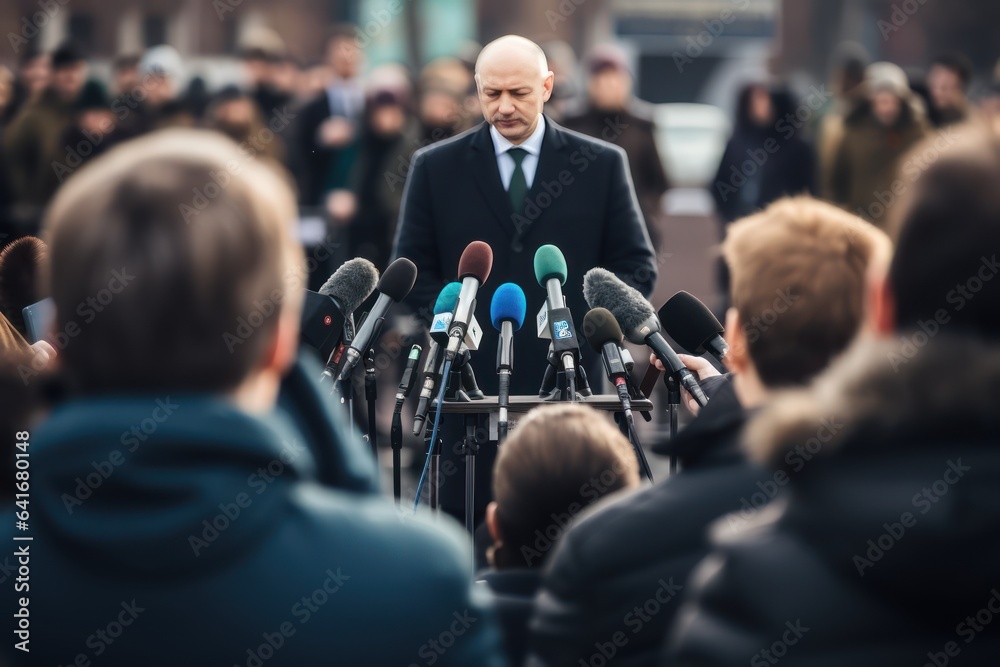 Typical politician makes unrealistic promises during a press conference. Lots of reporters with microphones and cameras. Election promises. - obrazy, fototapety, plakaty 