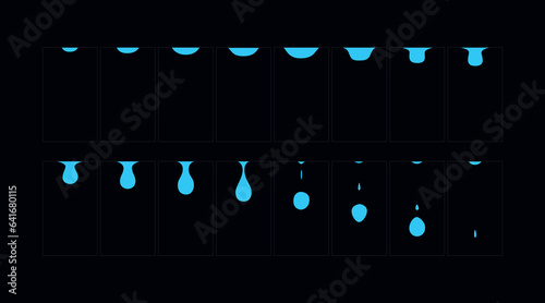 Water drooping animation. 2d cartoon water drooping frame. Raindrop classic animated effect.