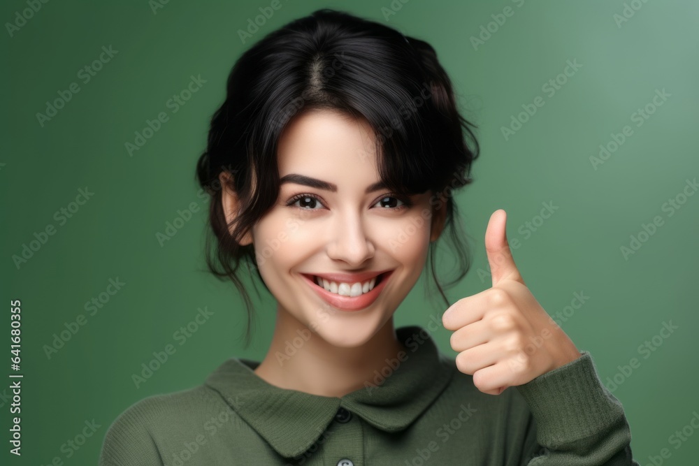 Close-up portrait photography of a tender girl in her 30s raising both thumbs up against a pastel green background. With generative AI technology Close-up portrait photography of a tender girl in her 30s raising both thumbs up against a pastel green background. With generative AI technology