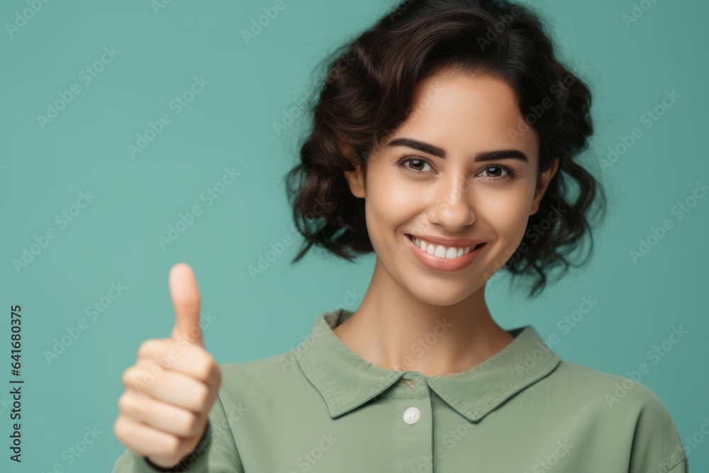 Close-up portrait photography of a tender girl in her 30s raising both thumbs up against a pastel green background. With generative AI technology Close-up portrait photography of a tender girl in her 30s raising both thumbs up against a pastel green background. With generative AI technology