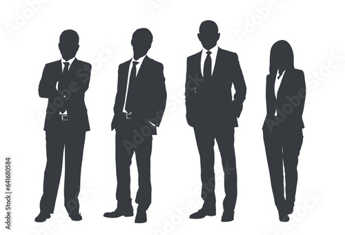Business people group gray silhouettes pose on white background, flat line vector and illustration.