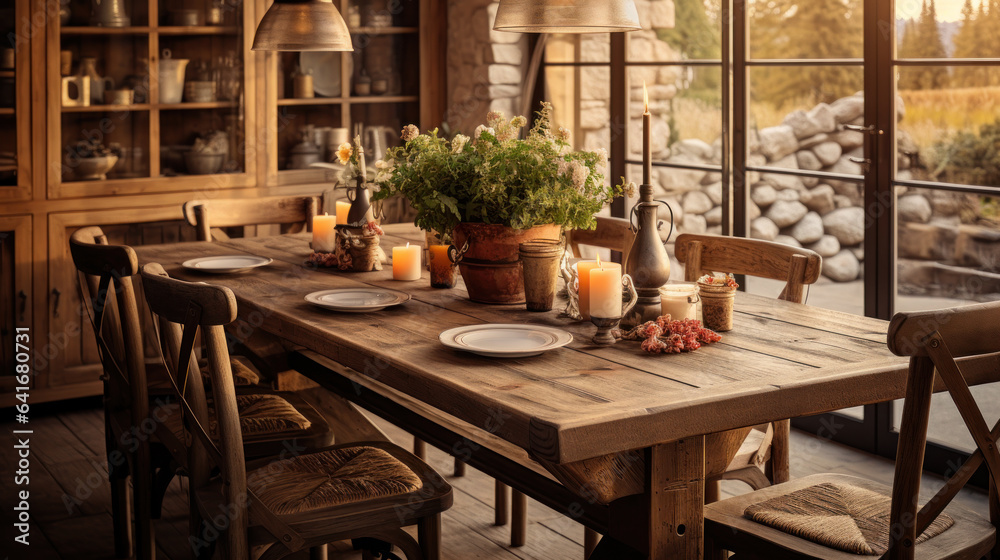 Dining room with rustic décor, a combination of modern and rustic style