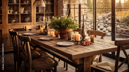 Dining room with rustic décor, a combination of modern and rustic style © pundapanda