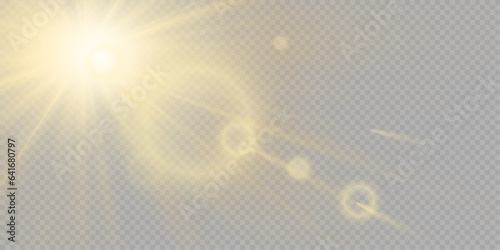 Shining sun glare rays, lens flare illustration. Sunlight glowing vector effect