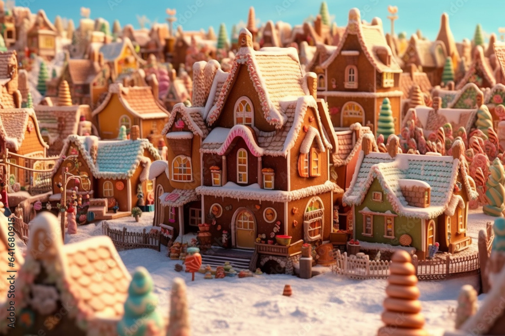 Illustration of gingerbread cookie town in snow, Christmas time