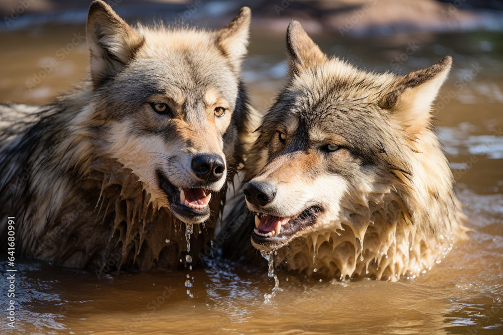 Wolves playfully interacting with each other, portraying their social dynamics and the joyous expression of love through play, love Wolves playfully interacting with each other, portraying their social dynamics and the joyous expression of love through play, love