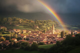 Illustration of old medieval town and rainbow over it