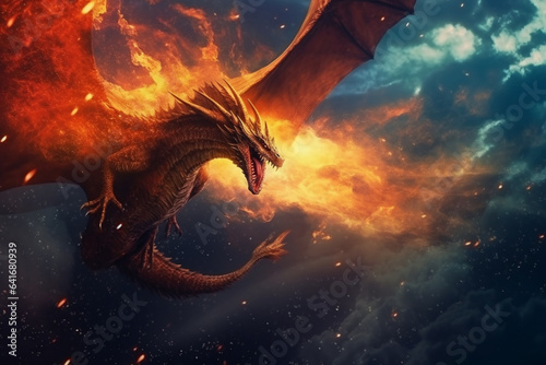 Ilustration of agressive dragon flying in fire © Simonforstock