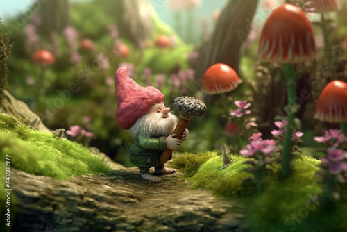 Illustration of little fairy tale dwarf in garden
