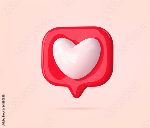 3d like heart icon. White heart in red speech bubble notification. Social media like message