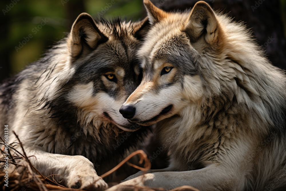 Wolves engaging in grooming rituals, showcasing their caring interactions and the way love is expressed through physical connection, love