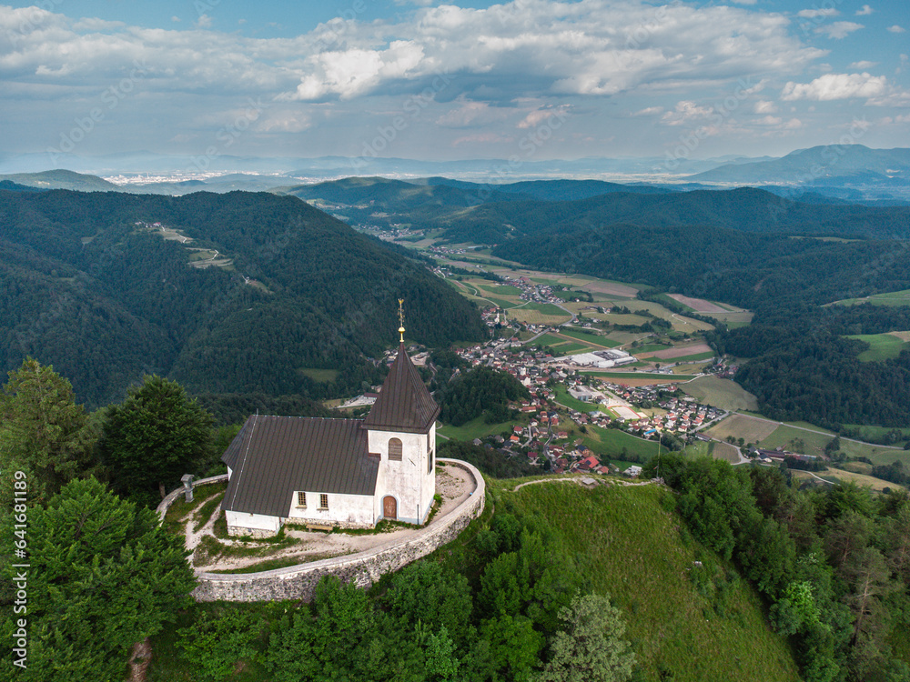 Church Saint Lawrence at the top of Mount Polhov Gradec aka Mount Saint Lawrence Hill in the Polhov Gradec.