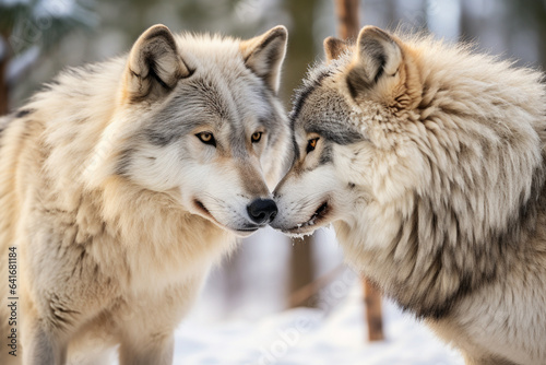 Alpha wolf and its mate sharing a serene moment in their territory, symbolizing the loving partnership that forms the foundation of the pack's structure, love