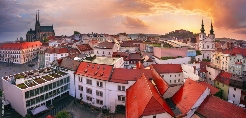 Brno, Czech Republic. Aerial cityscape image of Brno, second largest city in Czech Republic with the Cathedral of St. Peter and Paul at summer sunset.