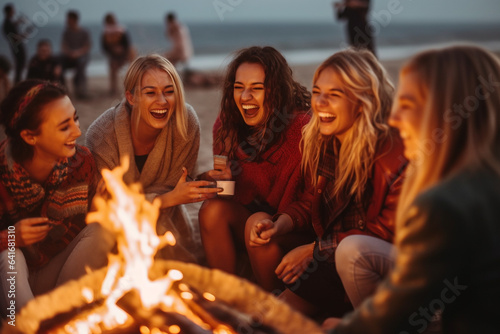 Happy group of people sitting aroud campfire on sea beach