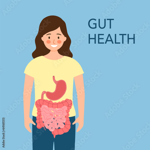 Woman with healthy clean gut in flat design. Detox and healthy digestive system. Gut health concept.