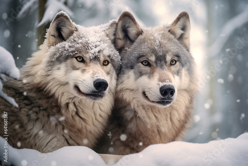 Wolves in a snowy landscape, capturing their resilience in challenging conditions and the love that empowers them to overcome adversity as a family, love