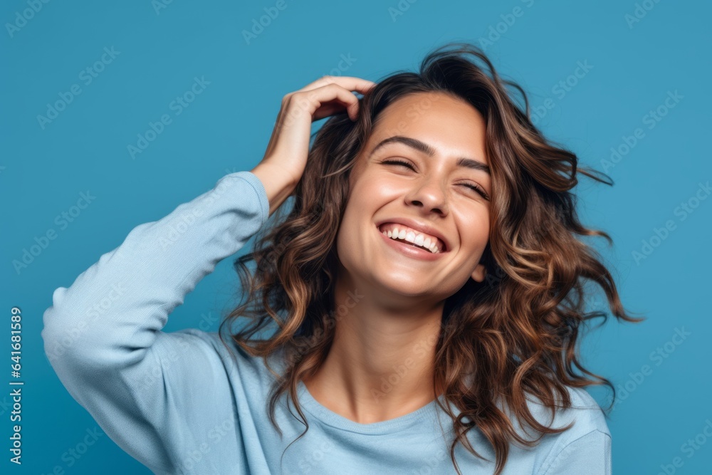 Lifestyle portrait photography of a grinning girl in her 30s making a i'm listening gesture with the hand on the ear against a sky-blue background. With generative AI technology Lifestyle portrait photography of a grinning girl in her 30s making a i'm listening gesture with the hand on the ear against a sky-blue background. With generative AI technology