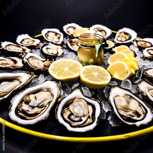 Oysters with lemon served on black round platter luxury delicatessen seafood