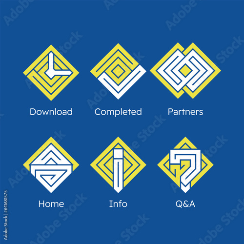 Set of 6 diamond-shaped anagram icons for website. Questions and Answers. Homepage. Uploading and saving. Info. Icons for business. Yellow and blue.