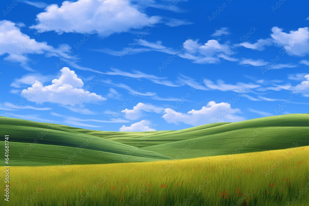 Spring wheat fields with blue sky and clouds on it