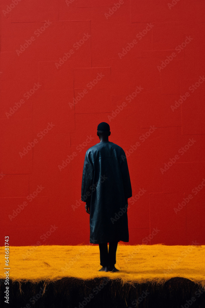 Obraz premium Fashionable modern combination and look of autumn colors, red and yellow, style of earthy colorful colors on clothing in the men's fashion industry on a handsome man in a jacket, coat.
