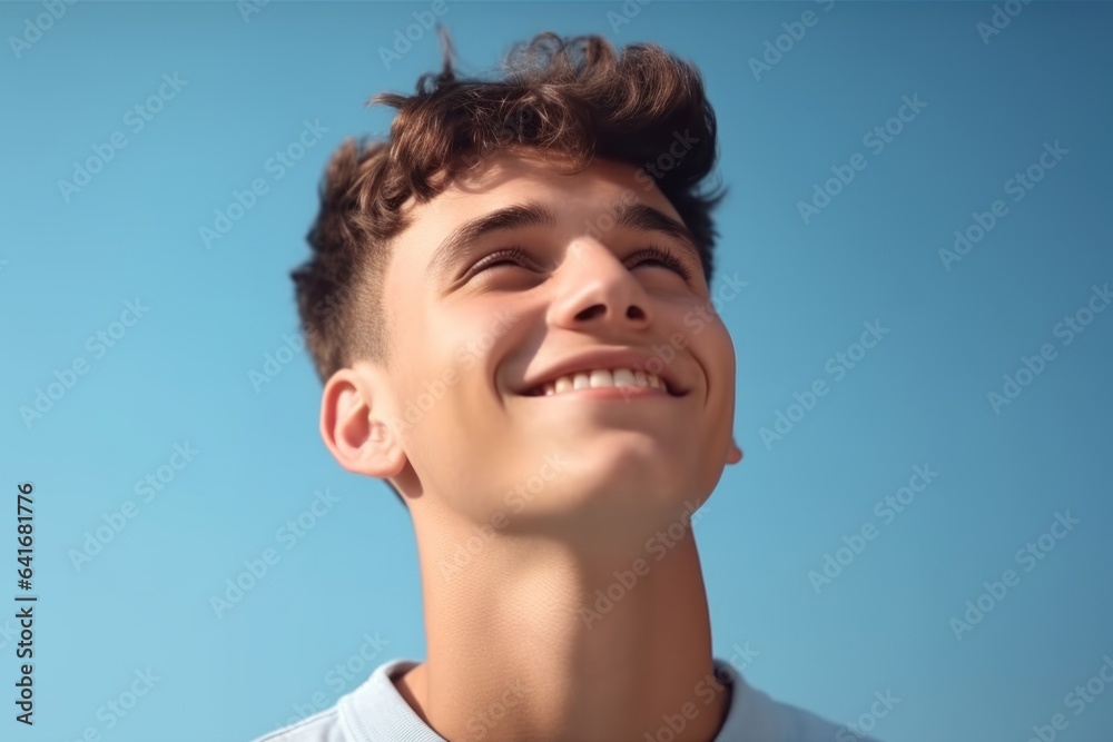 Medium shot portrait photography of a grinning boy in his 20s putting the hand on the forehead to look for someone in the distance against a sky-blue background. With generative AI technology Medium shot portrait photography of a grinning boy in his 20s putting the hand on the forehead to look for someone in the distance against a sky-blue background. With generative AI technology