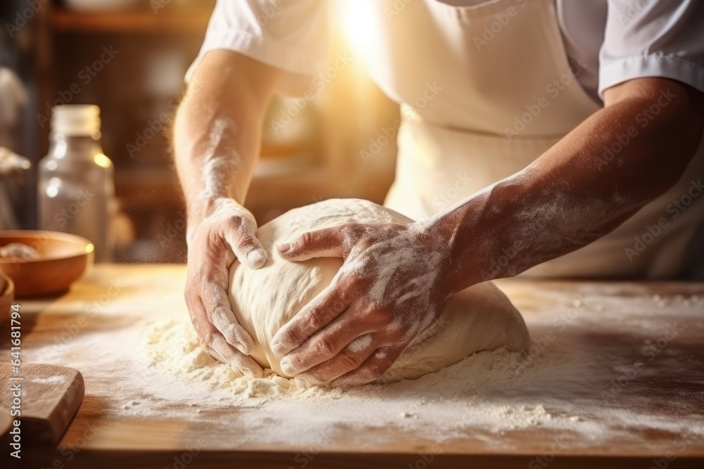 Close-up of a male bakery chef kneading dough to make delicious bread. Lifestyle concept suitable for meals and breakfast.