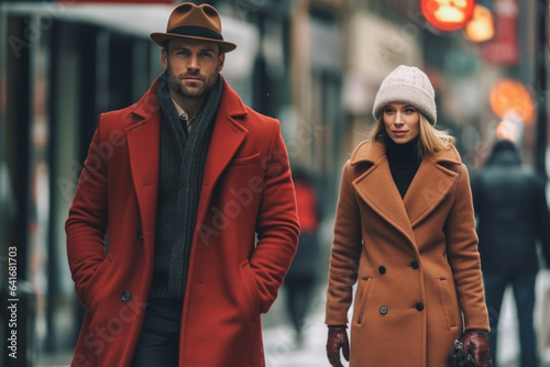 Stylish couple of woman and man in brown and gray color clothes on urban city street