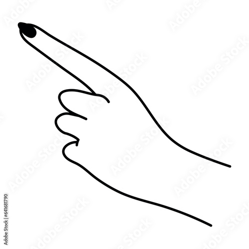 Female hand with raised index finger. Gesture linear icon. Non-verbal language. Simple vector minimalist illustration. Graphic element isolated on white background. Elegant palm of hand. Woman's arm.
