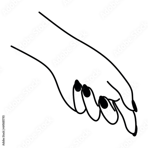 Female hand line art gesture. Gentle touch linear icon. Non-verbal language. Simple vector minimalist illustration. Graphic element isolated on white background. Elegant palm of hand. Woman's arm.