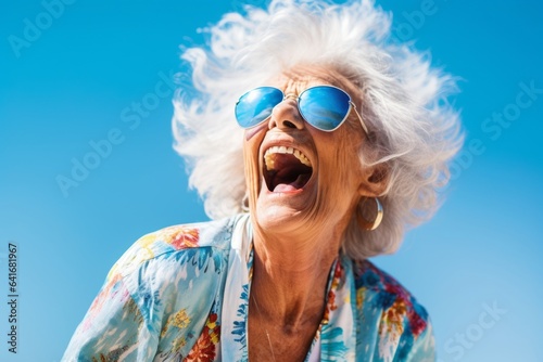 Close-up portrait photography of a happy old woman dancing and singing song in microphone against a sky-blue background. With generative AI technology