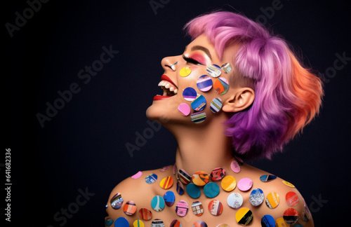 Young beautiful girl painted with vivid colors on her face, happy and smiling. Bright colors, eccentric stylish look and positive energy.