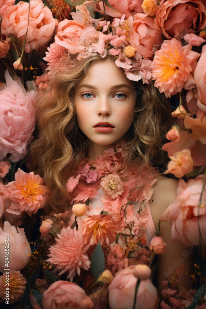 Elegant, romantic beautiful woman in fresh blooming flowers, flower portrait. Beautiful girl with make-up and hairstyle in a big bouquet.