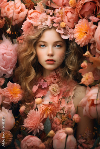 Elegant, romantic beautiful woman in fresh blooming flowers, flower portrait. Beautiful girl with make-up and hairstyle in a big bouquet. © Uncanny Valley