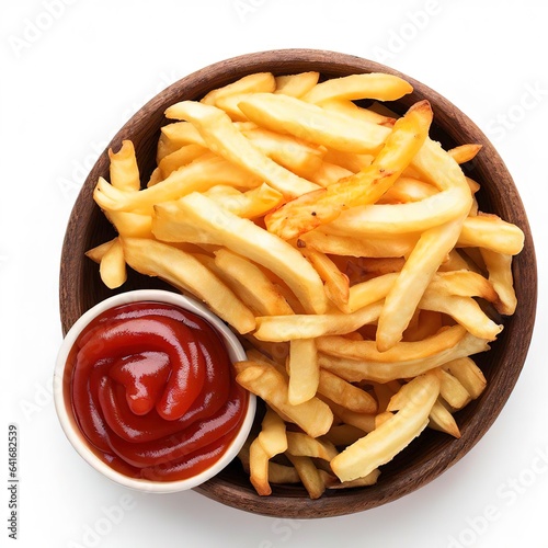 Top view of french fries in bowl with ketchup sauce on white background