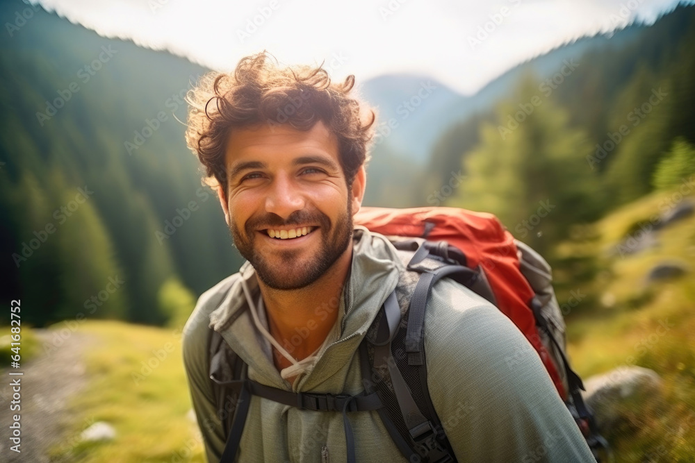 Close-Up Portrait of a Joyful Backpacker Exploring Mountains Close-Up Portrait of a Joyful Backpacker Exploring Mountains