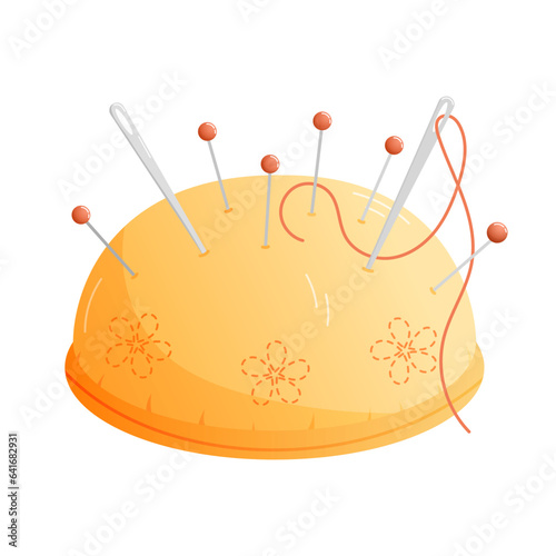 Sewing pincushion. Pins and needle with thread in pincushion isolated clipart. Sewing and embroidery accessories and supplies cartoon vector illustration