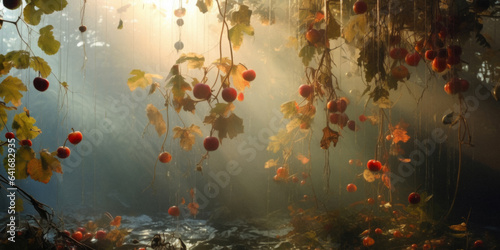 Autumn landscape, brown withered nature in thick morning fog and smoke. Field flowers where the sun's rays reach. Untouched romantic nature.