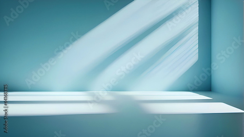 Minimalastic abstract light blue background for product presentation. Shadow and light from windows on wall.