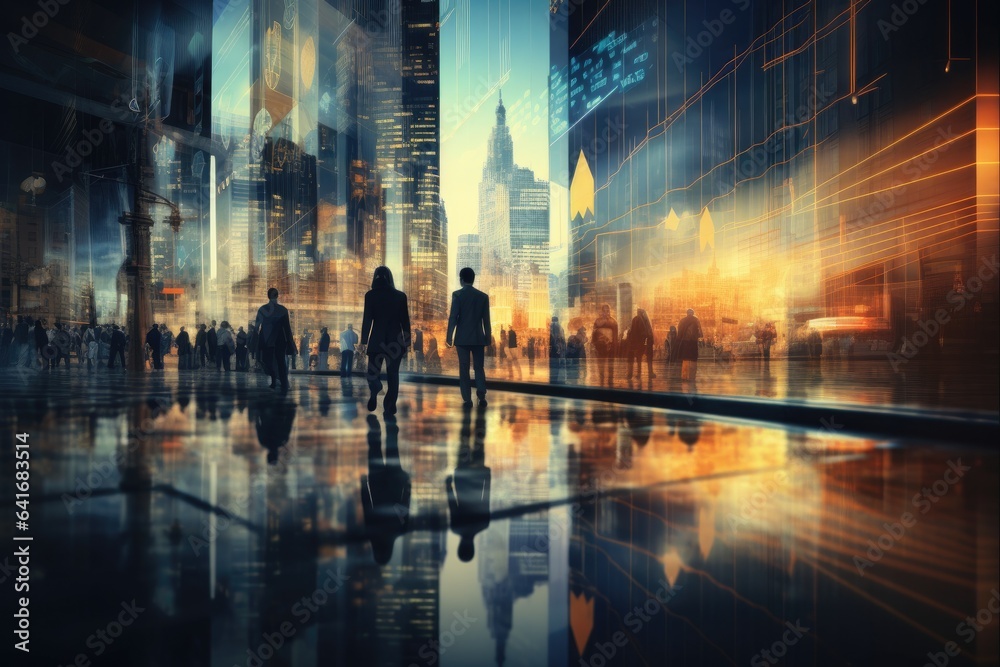 Business people walking in the building. Motion blur. Generative AI Business people walking in the building. Motion blur. Generative AI