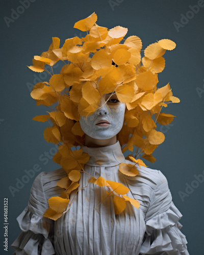 Autumn portrait of a young woman in white costume. A beautiful girl covered in yellow and brown Autumn leaves from a tree. Fall is an art and romance.