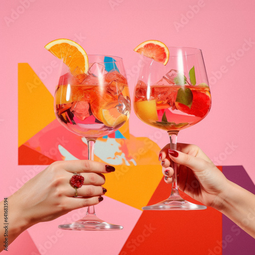 Cocktail pastel party with exotic tropical cocktail drinks, wine glasses with alcohol that toast to success and fun.