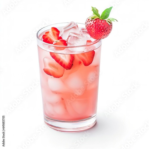 Fresh strawberry cocktail. summer pink cocktail with strawberry and ice cubes on white background