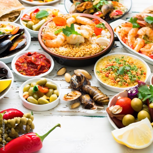 Mediterranean food on a white wooden rustic background