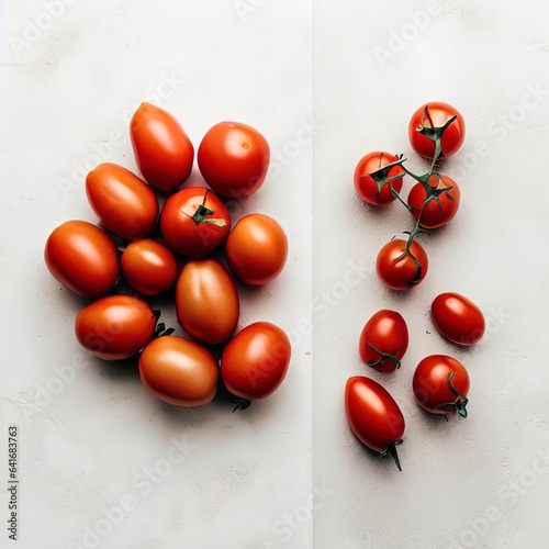 Top view of tomatoes on left and right sides on a white stone background