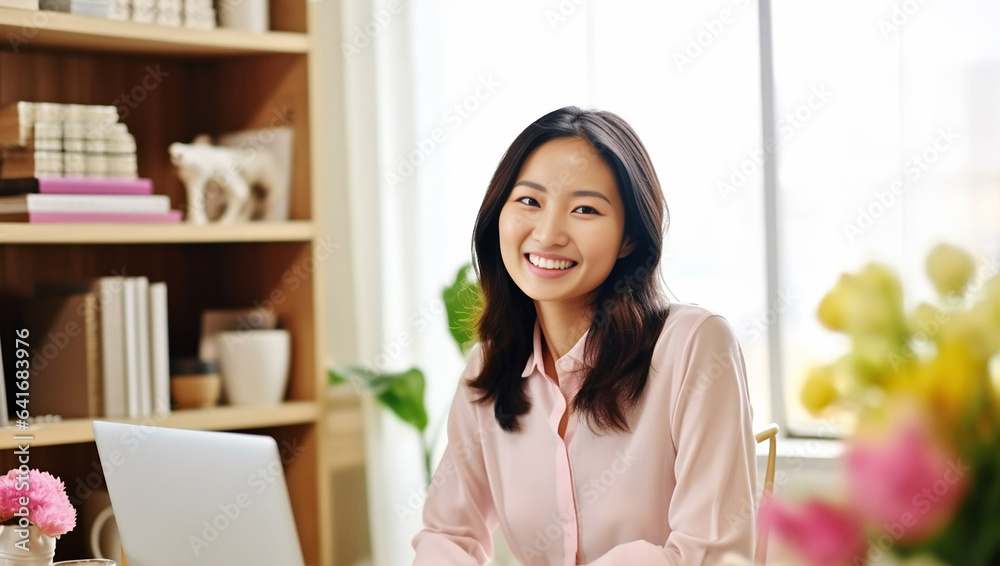 Young woman designer smiling. Portrait photo of woman interior designer working with material palette at her office. Doing some design work. Generative AI. Young woman designer smiling. Portrait photo of woman interior designer working with material palette at her office. Doing some design work. Generative AI.