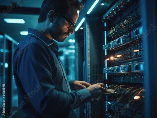 Generative AI illustration of side view serious bearded male engineer checking wires of hardware servers in modern data center